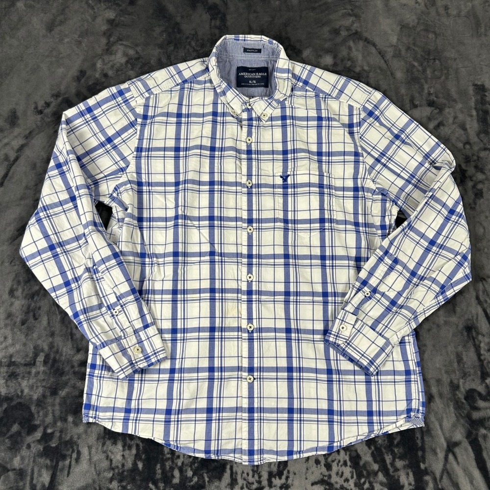 American Eagle‎ Button Down Mens XL Blue White Plaid Athletic Fit Long Sleeve